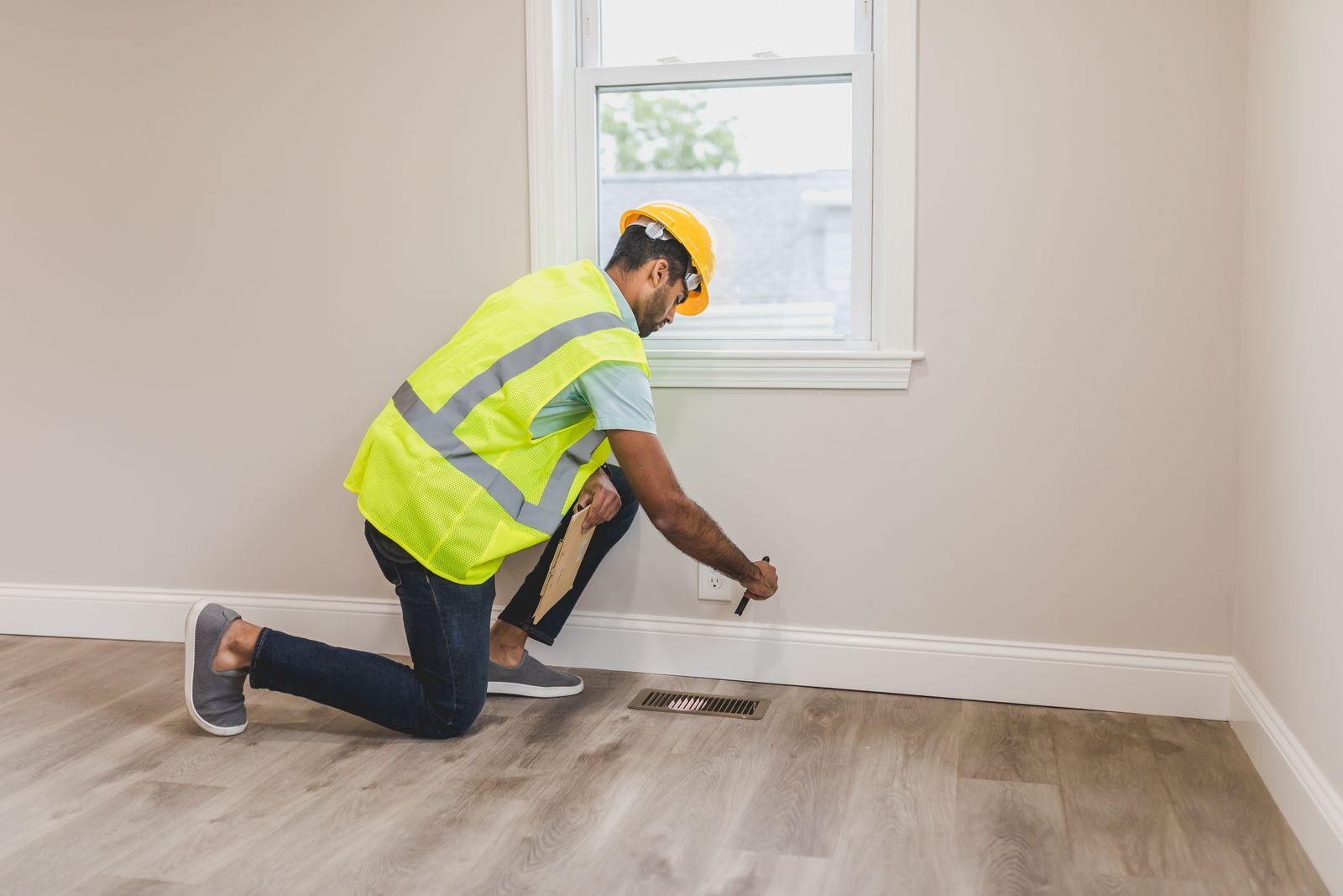 A construction worker kneels near an outlet on a wall, measuring with a tool. The bright yellow safety vest and helmet indicate a safety-focused task in a newly renovated room.
